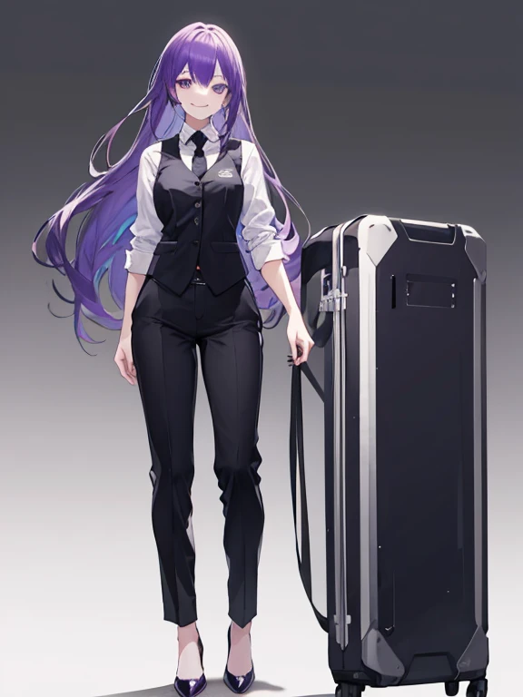 purple,medium long hair,woman,suit,black vest,Shirt with rolled up sleeves,tie,pants,high heels,,simple background,smile,whole body,full body,full body,Standing picture,vtuber,upright,,Standing upright with face and body facing forward,