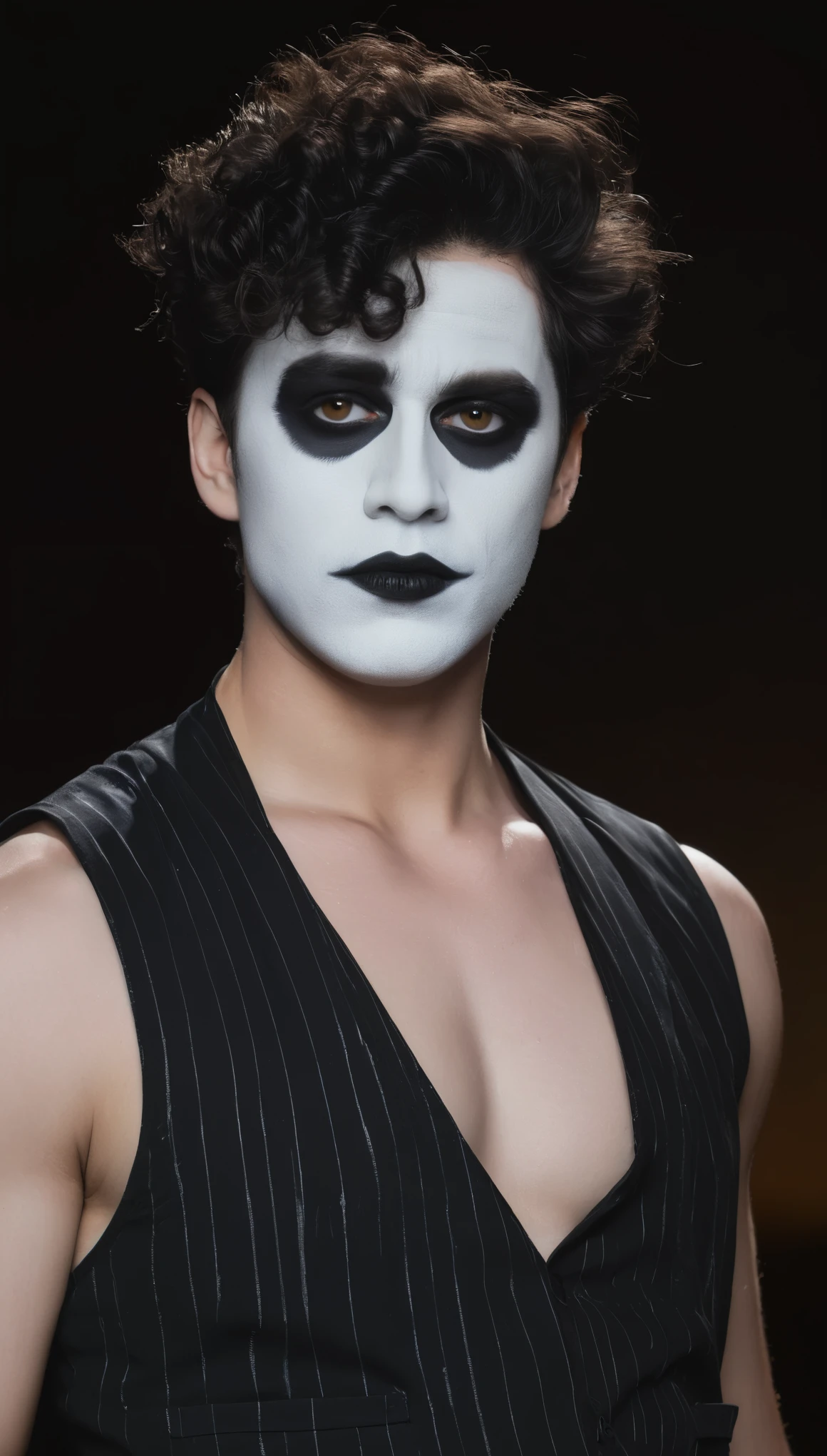 A movie poster, full color, a mime, male, 28 years-old, wearing black and white crow makeup and a dark pinstriped vest, stocky, soft doughy physique, deep brown eyes, wide bulbous nose, full lips, black lipstick, black hair, curly quiff, thick bushy eyebrows, extremely hairy chest, stomach, and arms, lots of body hair, posing on a neon-lit rooftop, hard shadows, RAW photograph, cinematic shot, masterpiece