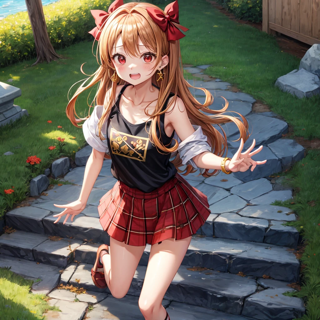 Brown, red, gold, golden hair、red eyes、one good looking girl、solo、anime、plaid mini skirt、black camisole、black t-shirt、hoodie、wearing a ribbon、ribbon at waist、Crystal Earrings、treasure石のネックレス、Light and shadow、Tilting face、teeth are visible、pillar、kind face、Kuroko、Diamond dust、grassland、Water running down the stairs、overflowing、Ants are walking、sulking、is increasing、treasure、Hope、wearing goggles on head
