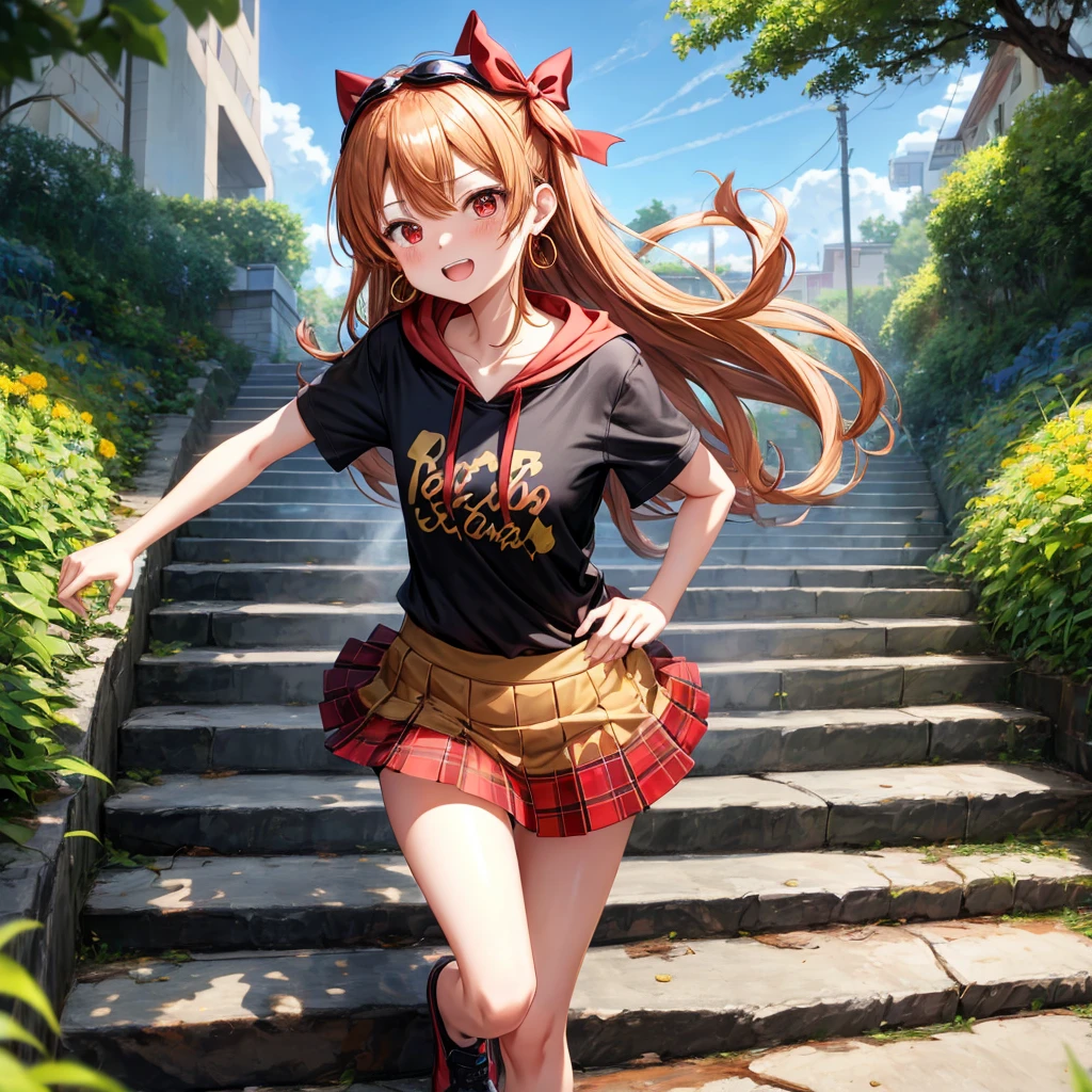 Brown, red, gold, golden hair、red eyes、one good looking girl、solo、anime、plaid mini skirt、black camisole、black t-shirt、hoodie、wearing a ribbon、ribbon at waist、Crystal Earrings、treasure石のネックレス、Light and shadow、Tilting face、teeth are visible、pillar、kind face、Kuroko、Diamond dust、grassland、Water running down the stairs、overflowing、Ants are walking、sulking、is increasing、treasure、Hope、wearing goggles on head