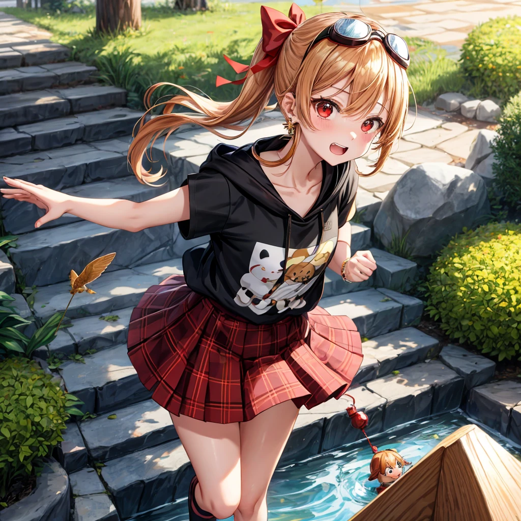 Brown, red, gold, golden hair、red eyes、one good looking girl、solo、anime、plaid mini skirt、black camisole、black t-shirt、hoodie、wearing a ribbon、ribbon at waist、Crystal Earrings、treasure石のネックレス、Light and shadow、Tilting face、teeth are visible、pillar、kind face、Kuroko、Diamond dust、grassland、Water running down the stairs、overflowing、Ants are walking、sulking、is increasing、treasure、Hope、wearing goggles on head