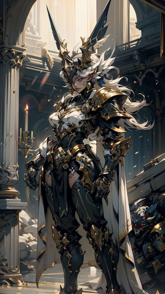 Woman wearing fantasy style full body armor, Crown concept fully enclosed helmet,Only her eyes are exposed, Layered chest plate, Fully enclosed shoulder and hand guards, Lightweight waist armor, Fitted shin pads, Overall design heavy-duty and flexible, (The armor shimmered with golden light, With red and blue accents), Show a noble aura, She floats above a fantasy and surreal high-tech city, This character embodies an elaborate anime style armored hero in a fantasy surreal style, Exquisite and mature comic art style, (A hybrid of Queen Bee and concept armor, plasma), ((element, elegant, goddess, woman:1.5)), metallic color, HD, best quality, high resolution, Super detailed, Ultra-fine coating, extremely refined, professional, anatomically correct, symmetrical face, Extremely detailed eyes and face, High quality eyes, creativity, original photo, 超HD, 32k, Natural light, movie lighting, masterpiece-anatomy-perfect, masterpiece:1.5