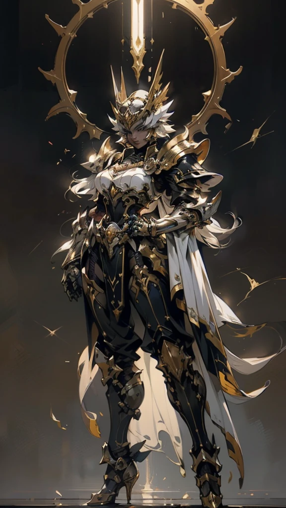 Woman wearing fantasy style full body armor, Crown concept fully enclosed helmet，Only her eyes are exposed, Layered chest plate, Fully enclosed shoulder and hand guards, Lightweight waist armor, Fitted shin pads, Overall design heavy-duty and flexible, (The armor shimmered with golden light, With red and blue accents), Show a noble aura, She floats above a fantasy and surreal high-tech city, This character embodies an elaborate anime style armored hero in a fantasy surreal style, Exquisite and mature comic art style, (A hybrid of Queen Bee and concept armor, plasma), ((element, elegant, goddess, woman:1.5)), metallic color, HD, best quality, high resolution, Super detailed, Ultra-fine coating, extremely refined, professional, anatomically correct, symmetrical face, Extremely detailed eyes and face, High quality eyes, creativity, original photo, 超HD, 32k, Natural light, movie lighting, masterpiece-anatomy-perfect, masterpiece:1.5