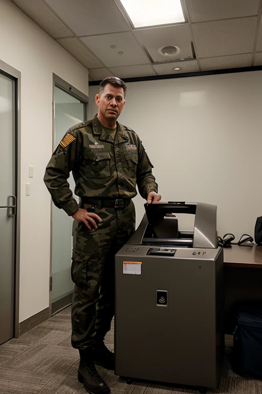 A U.S. general officer standing near a shredder in an office building.