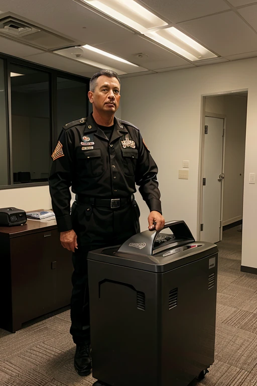 A U.S. general officer standing near a shredder in an office building.