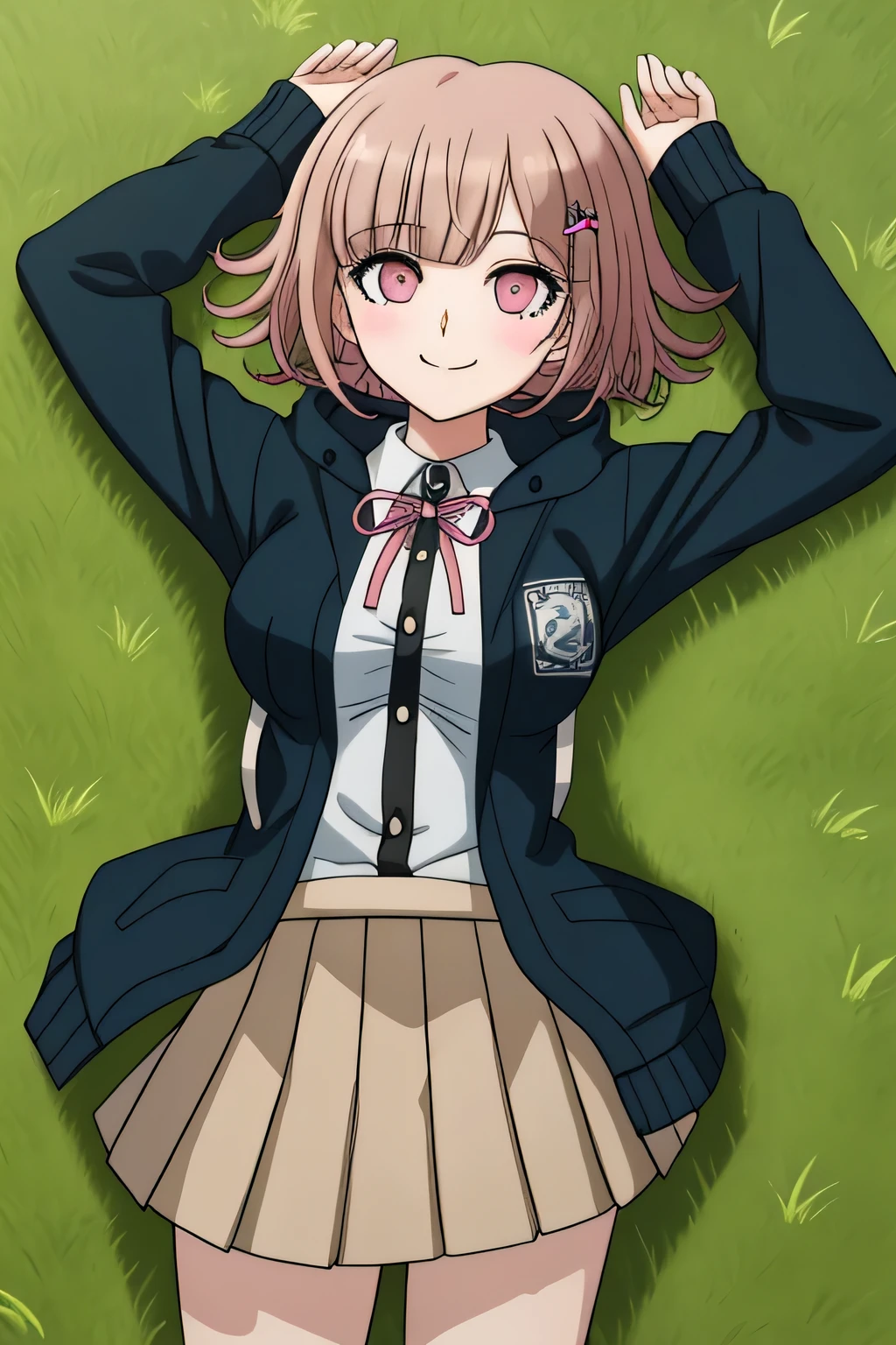 1girl, solo, hair ornament, shirt, jacket, ribbon, skirt, dress shirt, pink ribbon, open clothes, pleated skirt, white shirt, neck ribbon, collared shirt, hood, open jacket, looking at viewer, black jacket, long sleeves, shirt tucked in, brown skirt, hairclip, solo, on grass, on back, arms up, spread arms, cowboy shot, closed mouth, two-tone shirt, hooded jacket, breasts, medium hair, smile,