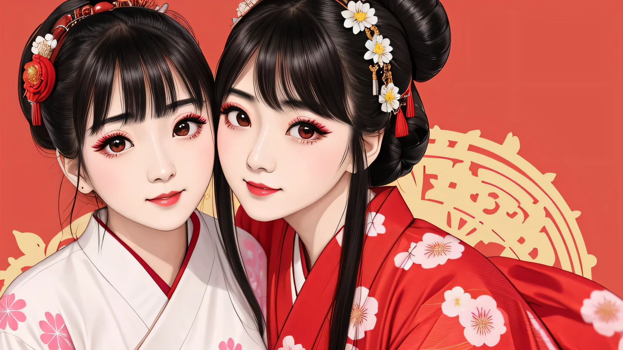 Each has a different expression2People and sisters、(2 girls)、⦅Dancing traditional performing arts gracefully)、((big breasts、small face、not exposed))、highest quality、masterpiece、(black hair、Bun Hair)、brown eyes、⦅wide angle、Angle from above, from the waist up、Pause on the magazine cover、Each person has a different perspective when looking into the distance⦆、(8K high quality、masterpiece、High resolution、Realistic and beautiful light and shadow、(highest quality)、(high resolution)、(very delicate and beautiful)、(beautiful 8k face)、(Close your eyes while smiling、Beautiful eyes)、(Transparent skin)、(soft hair)、(8head and body)、(Japanese-style yukata kimono with red, pink, and orange floral patterns on a white background, mixed with gold powder、wearing a yukata2Japanese beautiful girl)、((tanabata decoration background))、((small face))、(arms up)、thin and small nose、(red lipstick)、(make cheeks red)、(Glossy skin)、((Ink painting style))、extremely thin eyebrows、Overall super high quality、(She wears maiko-style makeup)、Whitening、long and beautiful eyelashes、Glossy skin、(red cheeks),straight nose、masterpiece、highest quality、whole body、 eyebrows visible through hair、Bun Hair、grin、gal、Kogal、Viewer's perspective、Plaid、Fashionable、woman、fine、Pause、
Waiting to start