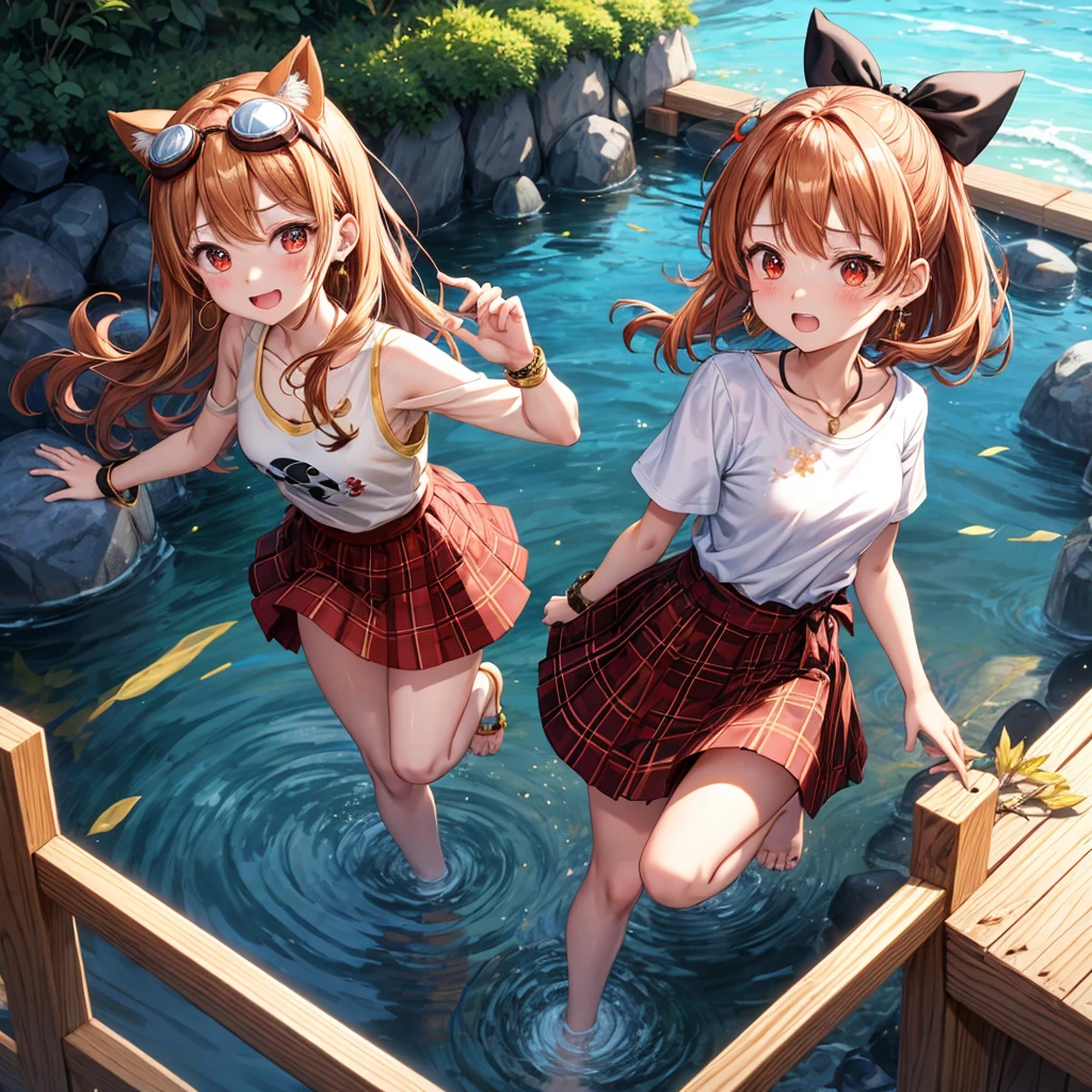 Brown, red, gold, golden hair、red eyes、one good looking girl、solo、anime、plaid mini skirt、black camisole、black t-shirt、hoodie、wearing a ribbon、ribbon at waist、Crystal Earrings、treasure石のネックレス、Light and shadow、Tilting face、teeth are visible、pillar、kind face、Kuroko、Diamond dust、grassland、Water running down the stairs、overflowing、Ants are walking、sulking、is increasing、treasure、Hope、wearing goggles on head