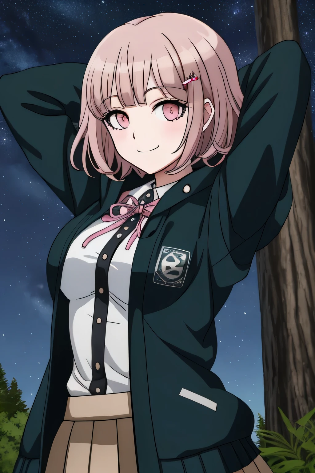 1girl, solo, hair ornament, shirt, jacket, ribbon, skirt, dress shirt, pink ribbon, open clothes, pleated skirt, white shirt, neck ribbon, collared shirt, hood, open jacket, looking at viewer, black jacket, long sleeves, shirt tucked in, brown skirt, hairclip, solo, night sky, forest, arms behind head, contrapposto, spread armpits, closed mouth, smile, upper body, two-tone shirt, hooded jacket, breasts, medium hair, 
