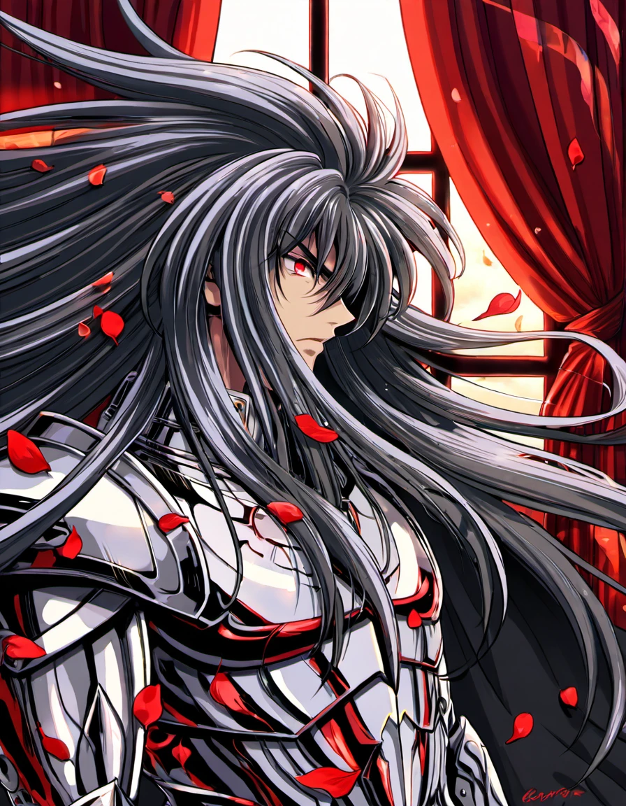 absurdres, highres, ultra detailed, HDR, master piece, best quality, Hades, untamed black long hair, expressive red eyes, Saint Seiya The Lost Canvas, 1man, handsome, window, red curtains, red petals, silver armor, black cape