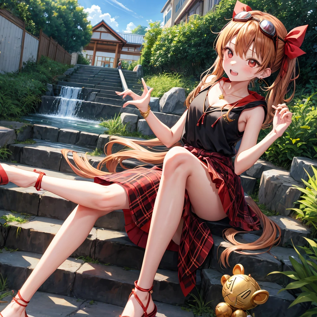 Brown, red, gold, golden hair、red eyes、one good looking girl、solo、anime、plaid mini skirt、black camisole、black t-shirt、hoodie、wearing a ribbon、ribbon at waist、Crystal Earrings、treasure石のネックレス、Light and shadow、Tilting face、teeth are visible、pillar、kind face、Kuroko、Diamond dust、grassland、Water running down the stairs、overflowing、Ants are walking、sulking、is increasing、treasure、Hope、wearing goggles on head