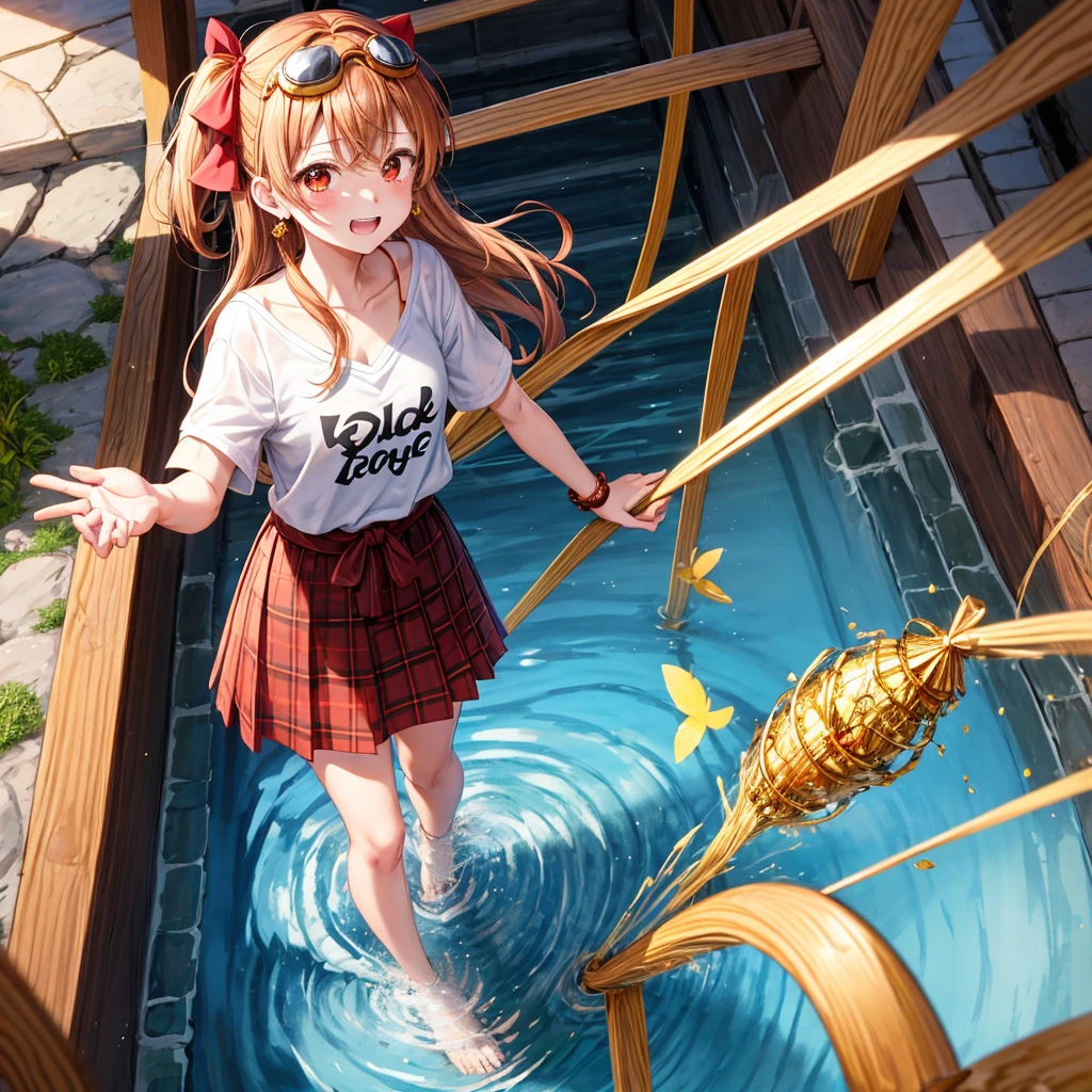 Brown, red, gold, golden hair、red eyes、one good looking girl、solo、anime、plaid mini skirt、black camisole、black t-shirt、hoodie、wearing a ribbon、ribbon at waist、Crystal Earrings、treasure石のネックレス、Light and shadow、Tilting face、teeth are visible、pillar、kind face、Kuroko、Diamond dust、grassland、Water running down the stairs、overflowing、Ants are walking、sulking、is increasing、treasure、Hope、wearing goggles on head