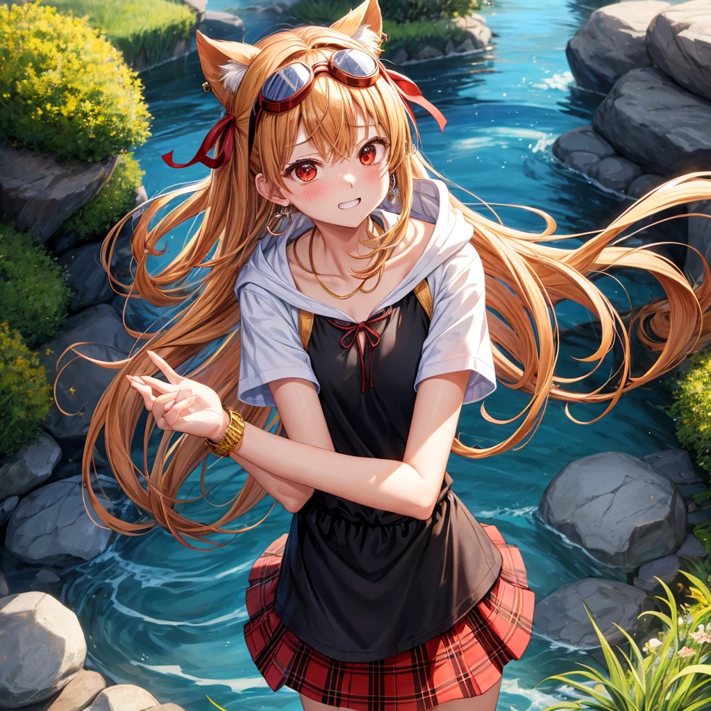 Brown, red, gold, golden hair、red eyes、one good looking girl、solo、anime、plaid mini skirt、black camisole、black t-shirt、hoodie、wearing a ribbon、ribbon at waist、Crystal Earrings、treasure石のネックレス、Light and shadow、Tilting face、teeth are visible、pillar、kind face、Kuroko、Diamond dust、grassland、Water running down the stairs、overflowing、Ants are walking、sulking、is increasing、treasure、Hope、wearing goggles on head