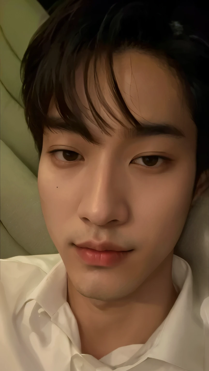Arad man in a white shirt sitting on the sofa，hand on the head, Cai Xukun, yanjun cheng, 1 7 - year - old boy thin face, headshot profile picture, xintong chen, inspired by Ding Yunpeng, jinyiwei, zmonzheng, drak, steve zheng, yihao ren, wenjun lin