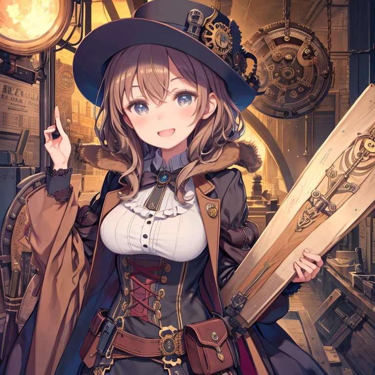 masterpiece, highest quality、Medium wide shot、1. A woman with beautiful eyes、laughing、steampunk、steampunk、