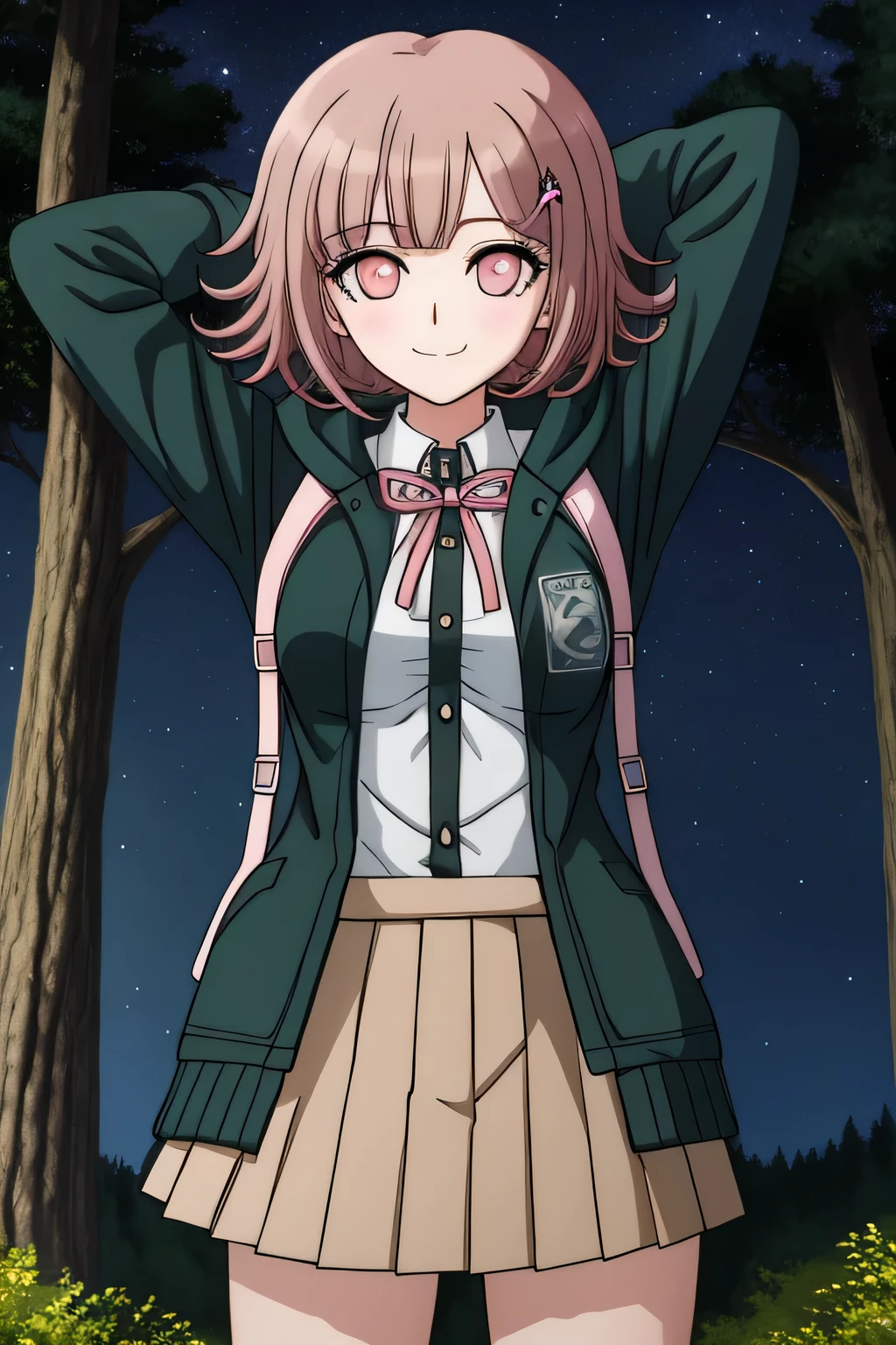 1girl, solo, hair ornament, shirt, jacket, ribbon, skirt, dress shirt, pink ribbon, open clothes, pleated skirt, white shirt, neck ribbon, collared shirt, hood, open jacket, looking at viewer, black jacket, long sleeves, shirt tucked in, brown skirt, hairclip, solo, night sky, forest, arms behind head, contrapposto, spread armpits, closed mouth, smile, cowboy shot, two-tone shirt, hooded jacket, breasts, medium hair,