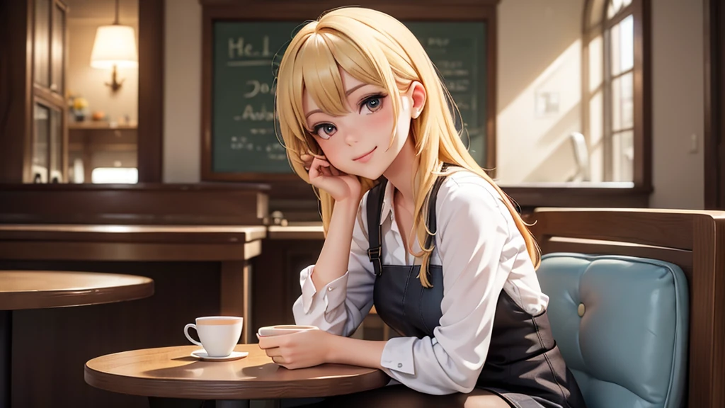 (original photo, best quality), 1 blonde girl, moon, natural lighting, Upper body, cafes, Smile, Satosh Khan Art Style