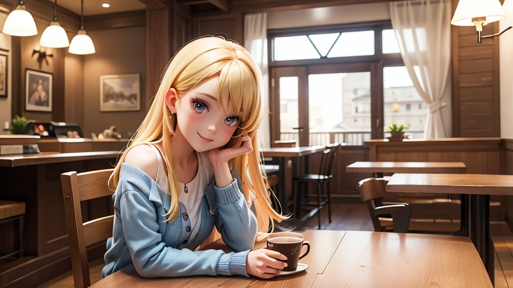 (original photo, best quality), 1 blonde girl, moon, natural lighting, Upper body, cafes, Smile, Satosh Khan Art Style