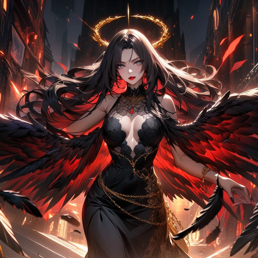 Ultra detailed, highres, absurdres, HDR, Lilith, black long hair, grey eyes, red lips, black fallen angel wings, black feathers, 1 woman only, extremely beautiful, black dress with patterns, golden chains,