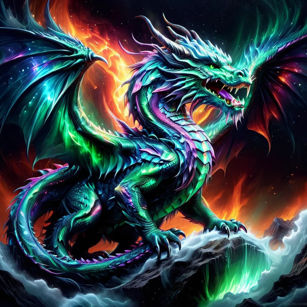 A massive dragon of majestic scales in colors ranging from deep obsidian to iridescent emerald, its tail tipped with a transparent, shimmering crystal glows as if infused with magical energy, The dragon's eyes mirror the crystal's luminescence, radiating an otherworldly aura, Beneath its broad wings, the terrain undulates with sharp rocks and flowing magma, reflecting the dragon's raw, terrifying, yet awe-inspiring presence. This scene captures both the beauty and the fear that this mythological creature, combined with the ethereal emanation of the crystal, implies.