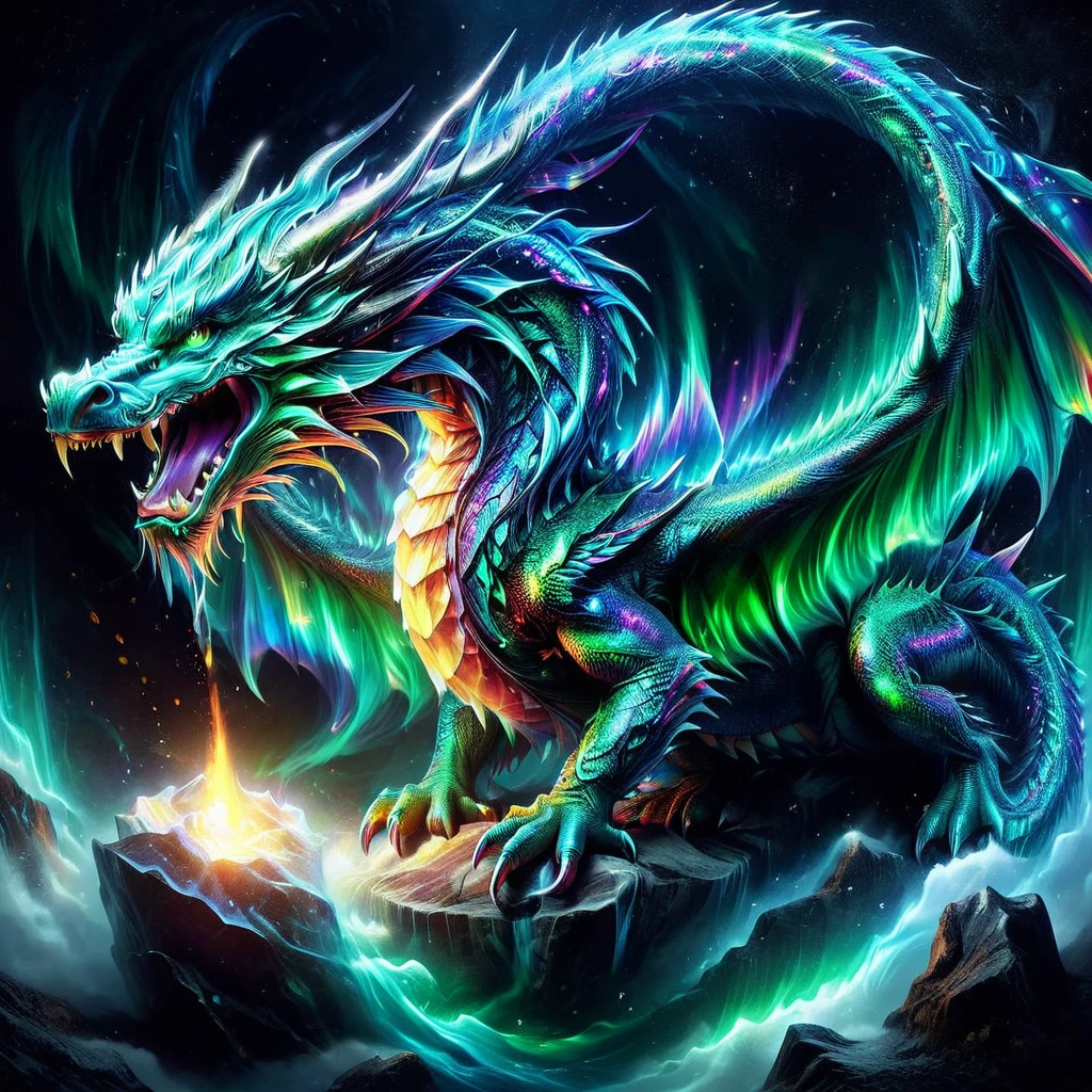 A massive dragon of majestic scales in colors ranging from deep obsidian to iridescent emerald, its tail tipped with a transparent, shimmering crystal glows as if infused with magical energy, The dragon's eyes mirror the crystal's luminescence, radiating an otherworldly aura, Beneath its broad wings, the terrain undulates with sharp rocks and flowing magma, reflecting the dragon's raw, terrifying, yet awe-inspiring presence. This scene captures both the beauty and the fear that this mythological creature, combined with the ethereal emanation of the crystal, implies.