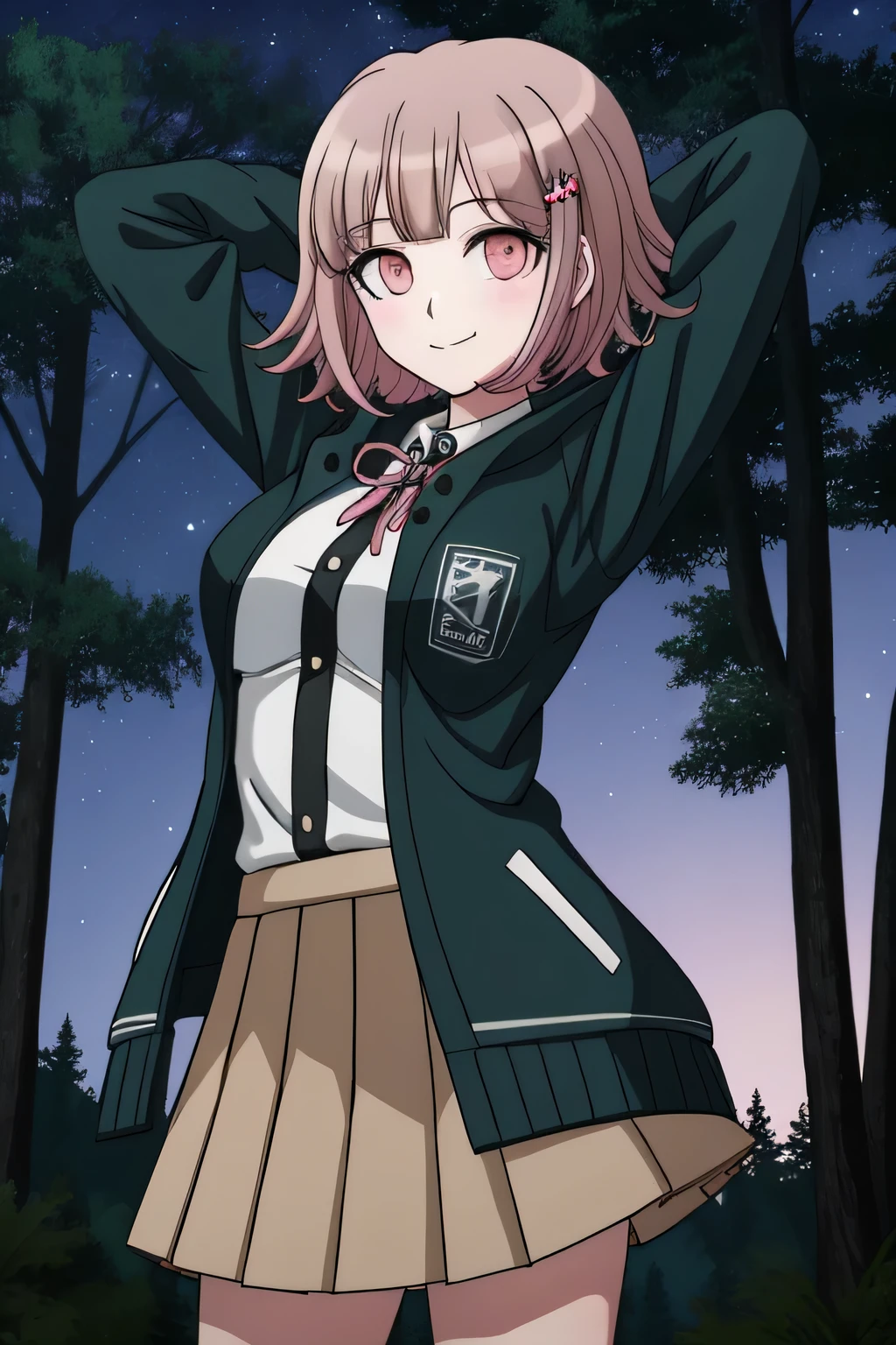 1girl, solo, hair ornament, shirt, jacket, ribbon, skirt, dress shirt, pink ribbon, open clothes, pleated skirt, white shirt, neck ribbon, collared shirt, hood, open jacket, looking at viewer, black jacket, long sleeves, shirt tucked in, brown skirt, hairclip, solo, night sky, forest, arms behind head, contrapposto, spread armpits, closed mouth, smile, cowboy shot, two-tone shirt, hooded jacket, breasts, medium hair, 