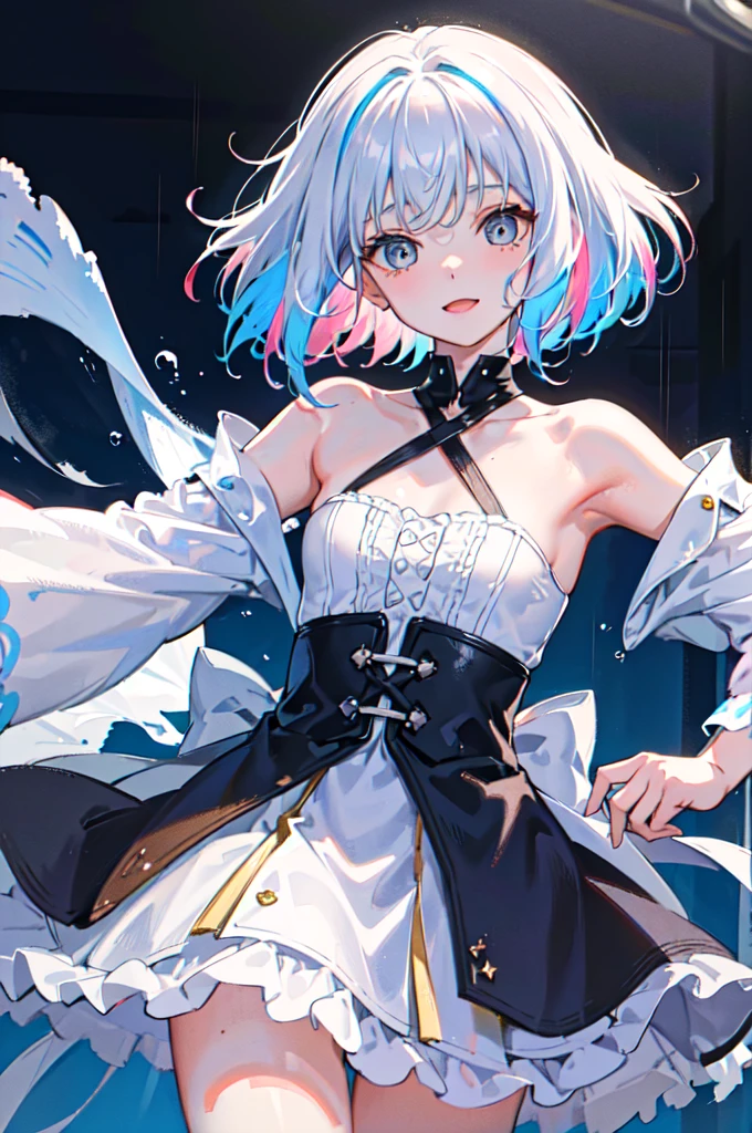 #quality(8k,wallpaper of extremely detailed CG unit, masterpiece,hight resolution,top-quality,top-quality real texture skin,hyper realisitic,increase the resolution,RAW photos,best qualtiy,highly detailed,the wallpaper),BREAK,(solo),#1girl(cute,kawaii,small ???,hair color White,short hair,hair messy,hair floating,white camisole:1.6,rainbow colored eyes,big eyes,skin color white,smile,wet,from front,from below,close up head),BREAK,#background(beautiful town,rainy)
