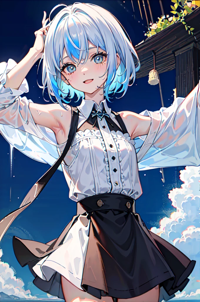 #quality(8k,wallpaper of extremely detailed CG unit, masterpiece,hight resolution,top-quality,top-quality real texture skin,hyper realisitic,increase the resolution,RAW photos,best qualtiy,highly detailed,the wallpaper),BREAK,(solo),#1girl(cute,kawaii,,hair color White,short hair,hair messy,hair floating,white camisole:1.6,rainbow colored eyes,big eyes,skin color white,smile,wet,from front,from below,close up head),BREAK,#background(beautiful town,rainy)
