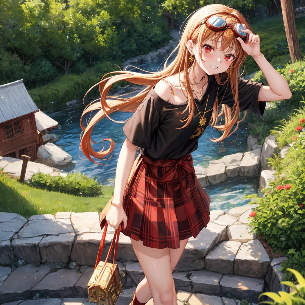 Brown, red, gold, golden hair、red eyes、one good looking girl、solo、anime、plaid mini skirt、black camisole、black t-shirt、hoodie、wearing a ribbon、ribbon at waist、Crystal Earrings、treasure石のネックレス、Light and shadow、Tilting face、teeth are visible、pillar、kind face、Kuroko、Diamond dust、grassland、Water running down the stairs、overflowing、Ants are walking、sulking、is increasing、treasure、Hope、wearing goggles on head