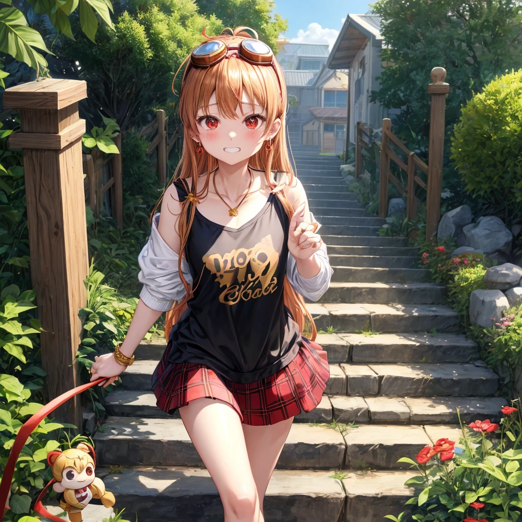 Brown, red, gold, golden hair、red eyes、one good looking girl、solo、anime、plaid mini skirt、black camisole、black t-shirt、hoodie、wearing a ribbon、ribbon at waist、Crystal Earrings、treasure石のネックレス、Light and shadow、Tilting face、teeth are visible、pillar、kind face、Kuroko、Diamond dust、grassland、Water running down the stairs、overflowing、Ants are walking、sulking、is increasing、treasure、Hope、wearing goggles on head