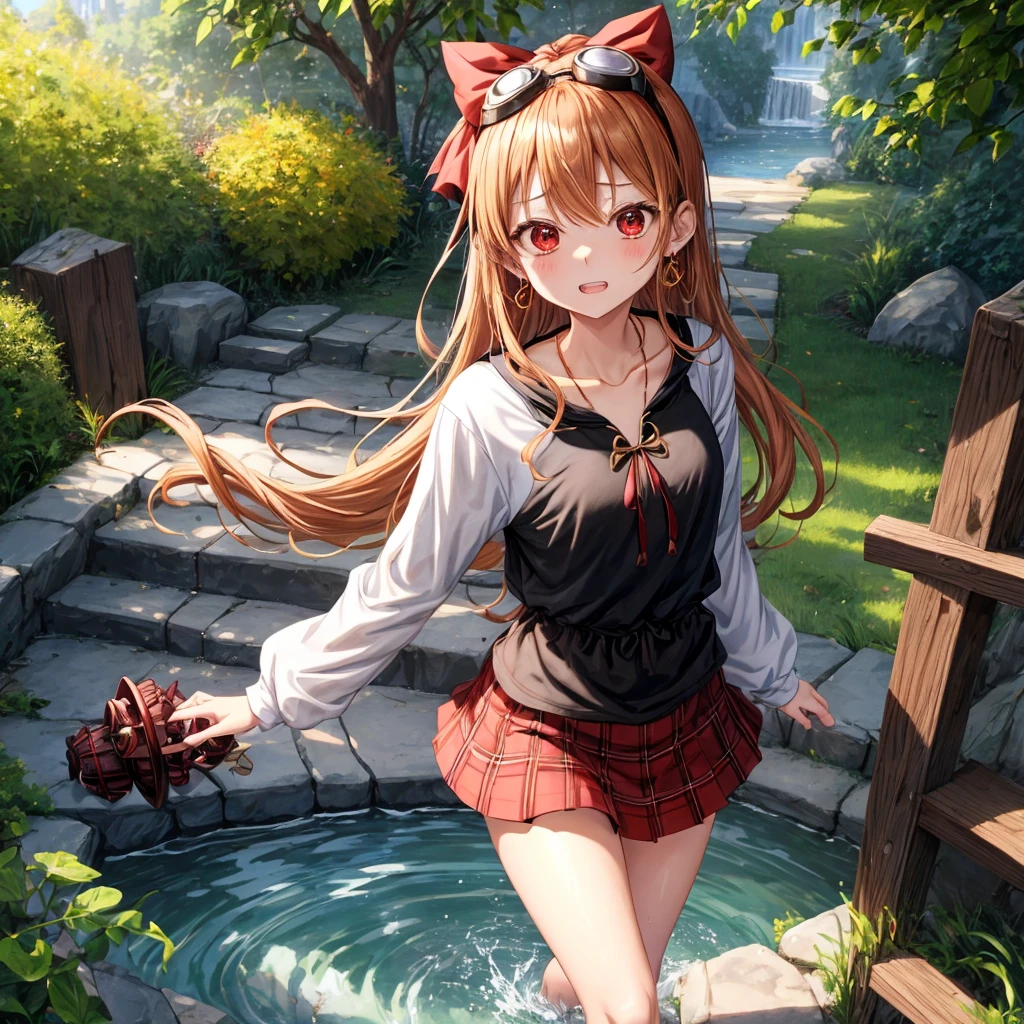 Brown, red, gold, golden hair、red eyes、one good looking girl、solo、anime、plaid mini skirt、black camisole、black t-shirt、hoodie、wearing a ribbon、ribbon at waist、Crystal Earrings、treasure石のネックレス、Light and shadow、Tilting face、teeth are visible、pillar、kind face、Kuroko、Diamond dust、grassland、Water running down the stairs、overflowing、Ants are walking、sulking、is increasing、treasure、Hope、wearing goggles on head
