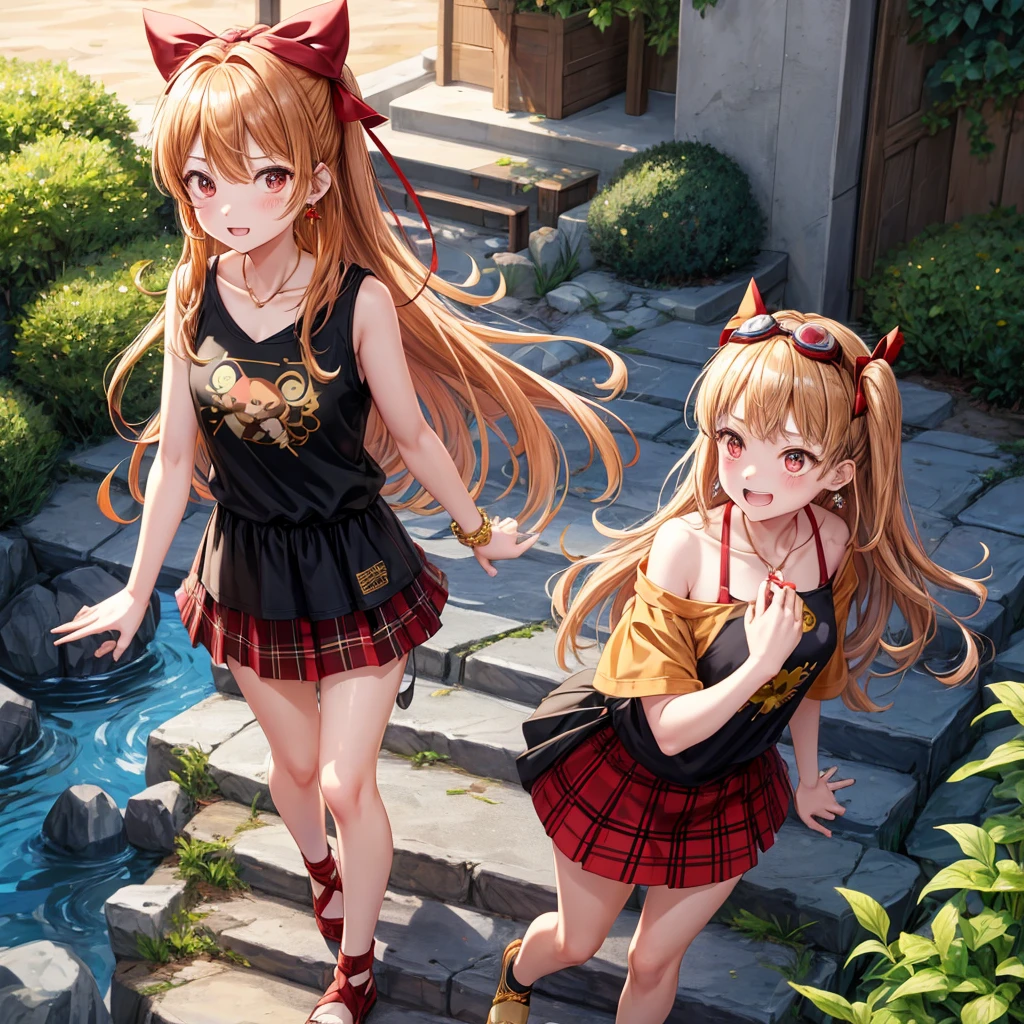 Brown, red, gold, golden hair、red eyes、one good looking girl、solo、anime、plaid mini skirt、black camisole、black t-shirt、hoodie、wearing a ribbon、ribbon at waist、Crystal Earrings、treasure石のネックレス、Light and shadow、Tilting face、teeth are visible、pillar、kind face、Kuroko、Diamond dust、grassland、Water running down the stairs、overflowing、Ants are walking、sulking、is increasing、treasure、Hope、wearing goggles on head