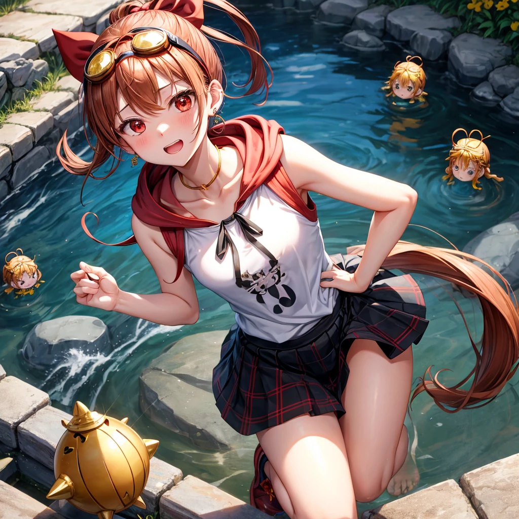 csr style,((masterpiece)),((best quality)),((high definition)),misty pokemon,red suspenders,,side ponytail,wet,in water,ginger hair,(red suspenders),pastel color, nsfw, naked