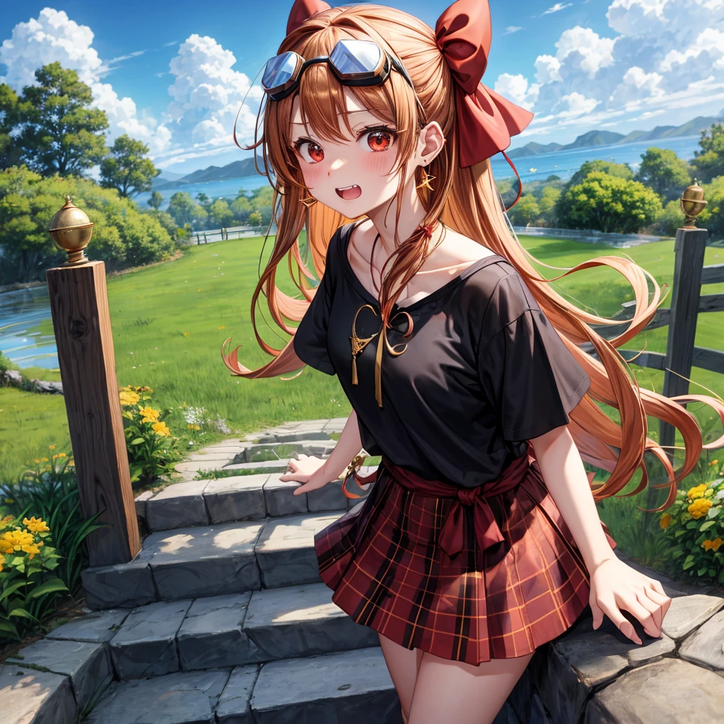 Brown, red, gold, golden hair、red eyes、one good looking girl、solo、anime、plaid mini skirt、black camisole、black t-shirt、hoodie、wearing a ribbon、ribbon at waist、Crystal Earrings、treasure石のネックレス、Light and shadow、Tilting face、teeth are visible、pillar、kind face、Kuroko、Diamond dust、grassland、Water running down the stairs、overflowing、Ants are walking、sulking、is increasing、treasure、Hope、wearing goggles on head