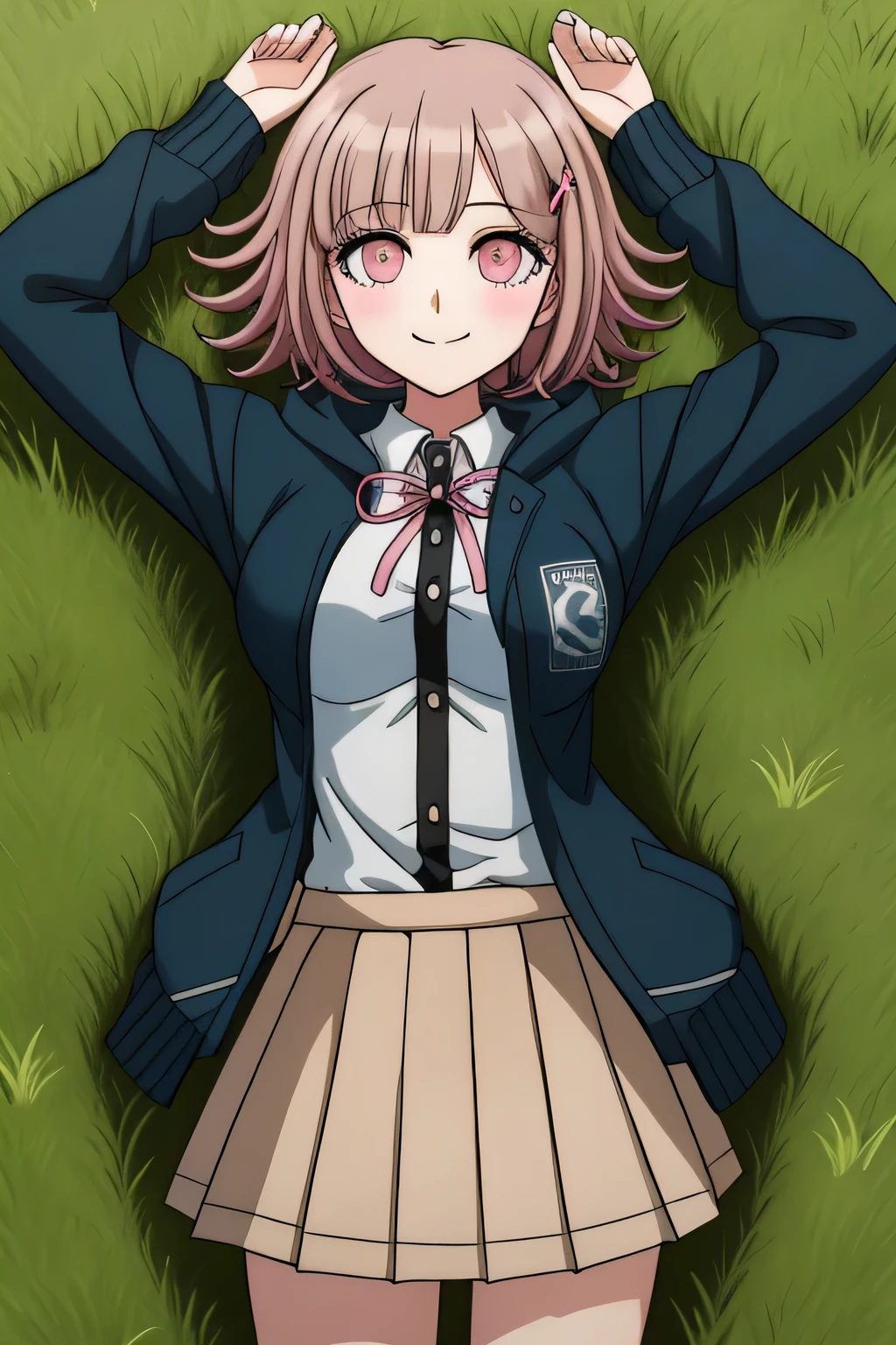 1girl, solo, hair ornament, shirt, jacket, ribbon, skirt, dress shirt, pink ribbon, open clothes, pleated skirt, white shirt, neck ribbon, collared shirt, hood, open jacket, looking at viewer, black jacket, long sleeves, shirt tucked in, brown skirt, hairclip, solo, on grass, on back, arms up, spread arms, cowboy shot, closed mouth, two-tone shirt, hooded jacket, breasts, medium hair, smile,