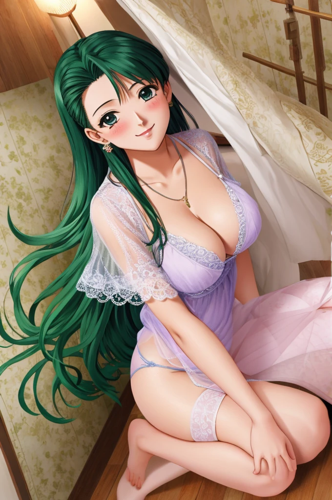 yamashina mizuho / Mizuho Yamashina, masterpiece, best quality, a sexy mature woman in a night dress poses for the camera in a house setting, 1girl, see-through underwear, thong panties, solo, dress, thigh highs, jewelry, lacy panties, clothes lift, sexy smile, necklace, breasts, dress lift, cleavage,