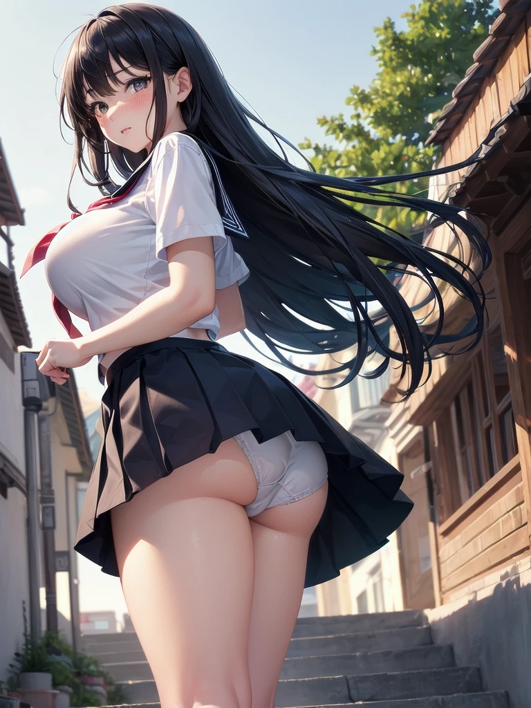 very cute and beautiful girl,(highly detailed beautiful face and eyes:1.2), huge breasts, (((blush))), (sailor school uniform), (navy blue pleated mini skirt:1.15), leaning forward, from below, (white panties, lift skirt, pantie shot, blush,) (town overview), detailed landscape, black hair,(best quality,masterpiece:1.2),intricate details, extremely detailed, 8k resolution, solo, natural lighting, hair fluttering in the wind,