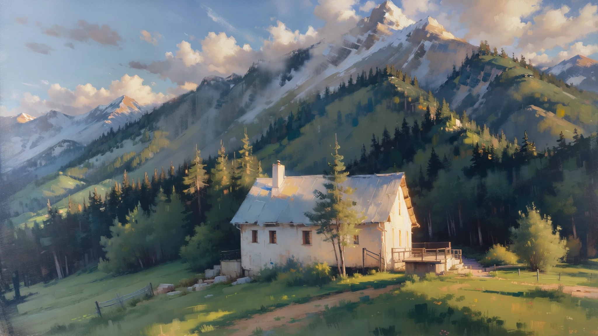 Mountain Landscape Print | Vintage Oil Painting ( A CABIN ) PATHS (VILLAREJO) SUNSET, TWILIGHT (((ROAD))))