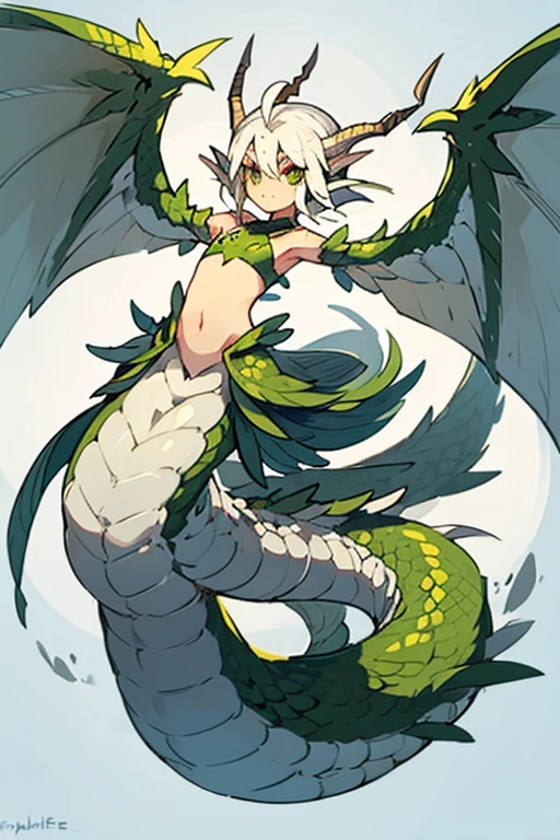 Woman with a dragon's lower body、2 Men Arms、Dragon's Tail、long nails、white scales、floating、delicate、delicate face、Bird wings、dragon horn、flat chest、Noble clothes、sharp eyes、Super high quality