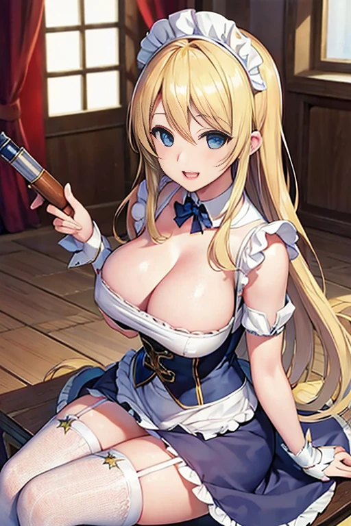 Star Works, best quality, high resolution, Lucy Heartfilia, blonde hair, Double tail, Big breasts,[[[Close-up cleavage]]]] black stockings, maid outfit , Cowboy shooting, indoors, sitting, lend a helping hand, Smile, open mouth,