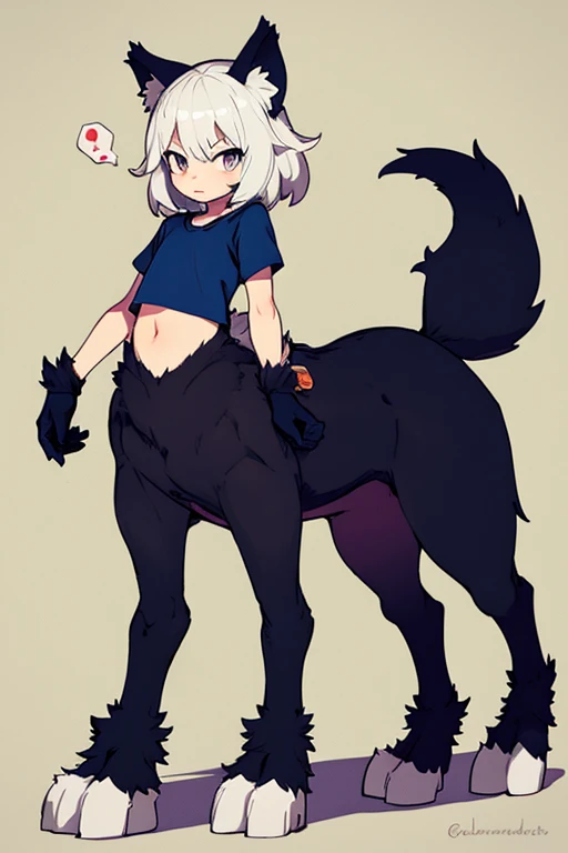 wolf girl、2 Men Arms、Four wolf legs、quadrupedal walking、delicate、delicate face、wolf ears、Silvery white hair and body hair、flat chest、T-shirt、exposure of the abdomen、sharp eyes、Super high quality