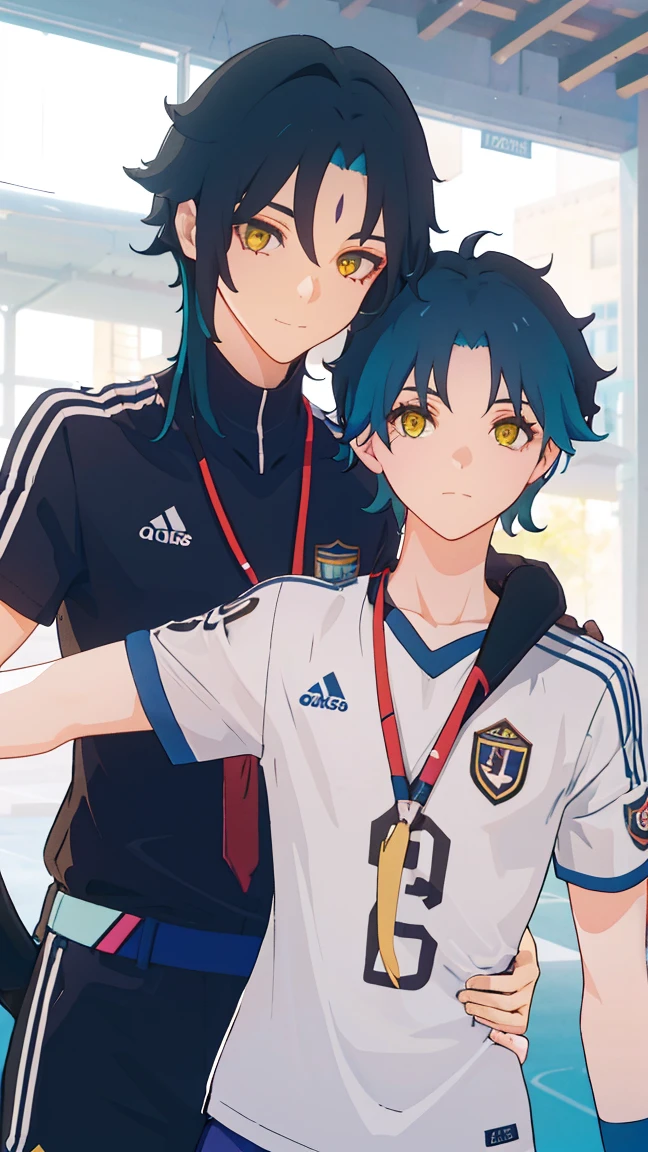 2 boys,dark green hair,highest quality,masterpiece,excessive,male focus,yellow eyes,beautiful eyes,beautiful boy,School,between men,Spouse,soccer club members,Blue soccer uniform,soccer,high school,soccer uniform,blue clothes,soccer court,teammate,same clothes,shoulder to shoulder,feminine,good friend,best image quality,