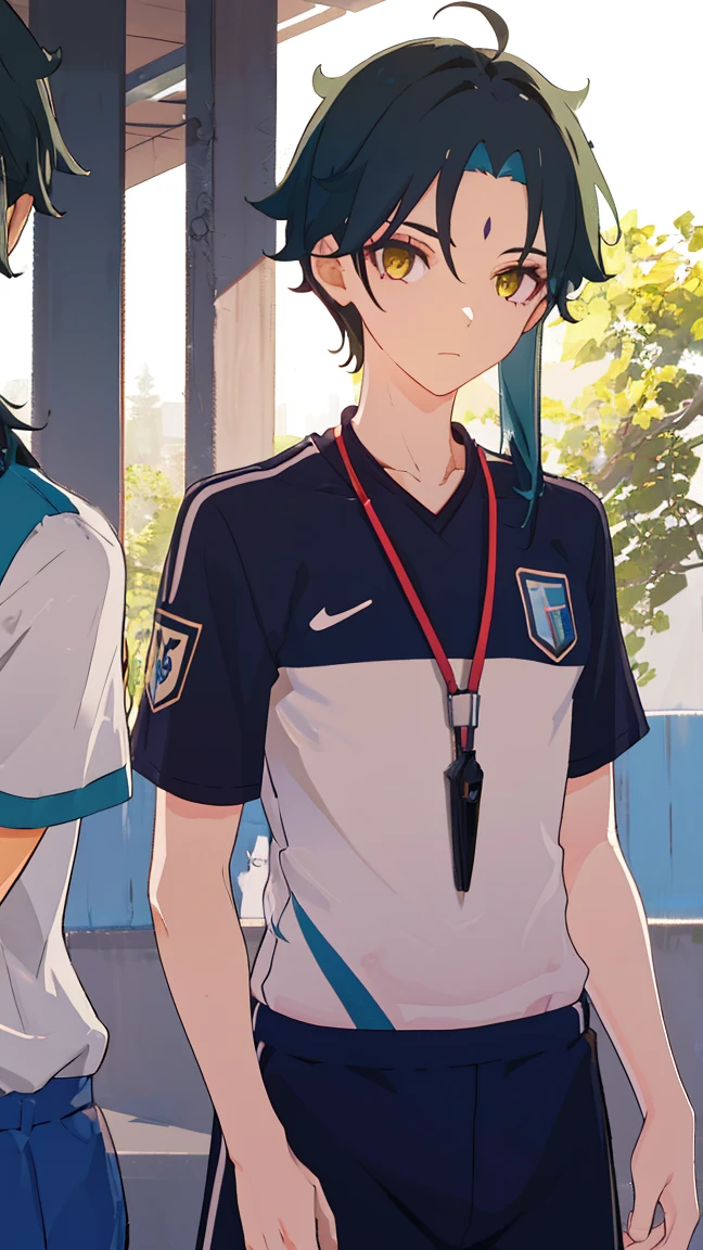 2 boys,dark green hair,highest quality,masterpiece,excessive,male focus,yellow eyes,beautiful eyes,beautiful boy,School,between men,Spouse,soccer club members,Blue soccer uniform,soccer,high school,soccer uniform,blue clothes,soccer court,teammate,same clothes,shoulder to shoulder,feminine,good friend,best image quality,