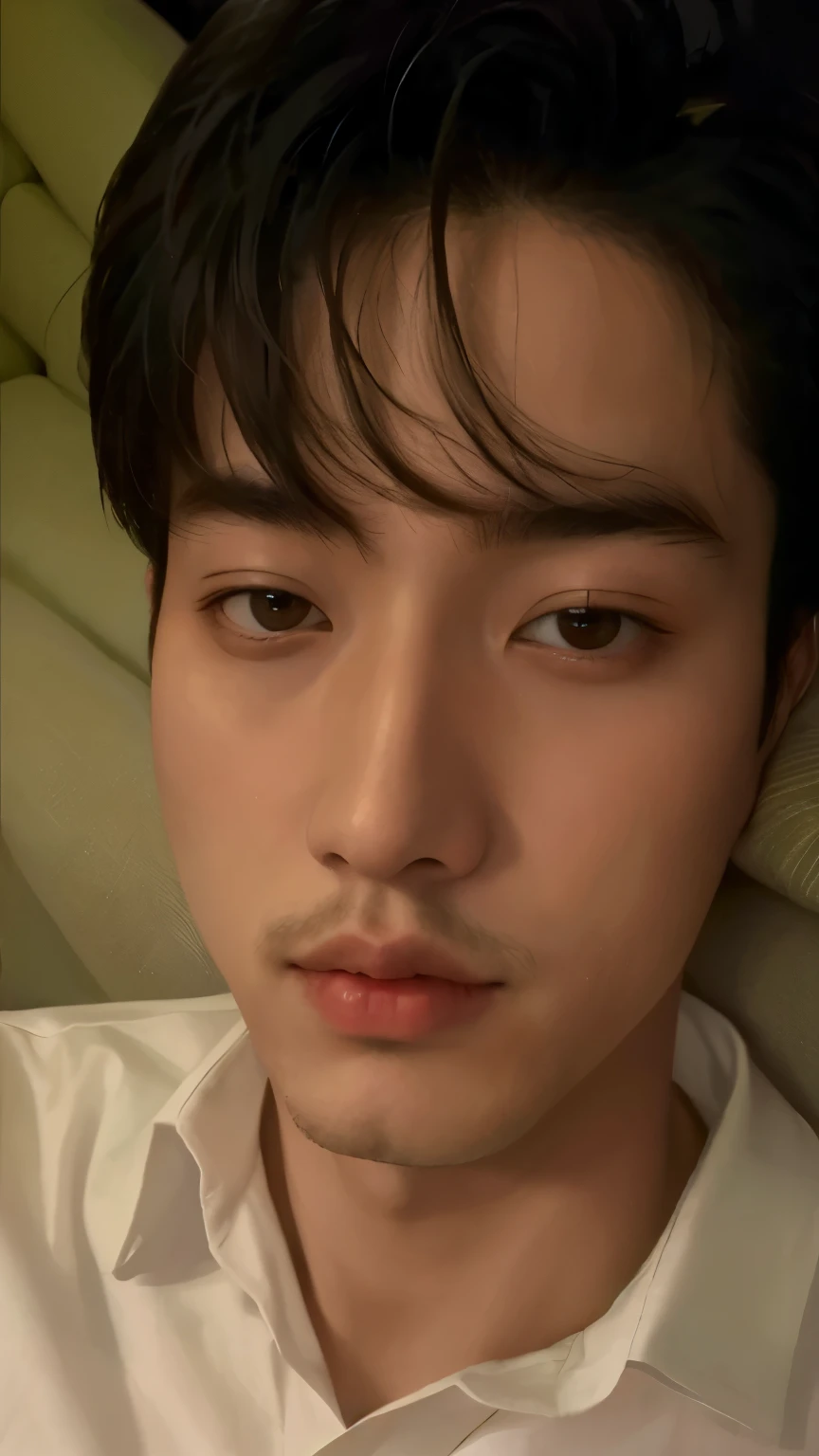 Arad man in a white shirt sitting on the sofa,hand on the head, Cai Xukun, yanjun cheng, 1 7 - year - old boy thin face, headshot profile picture, xintong chen, inspired by Ding Yunpeng, jinyiwei, zmonzheng, drak, steve zheng, yihao ren, wenjun lin