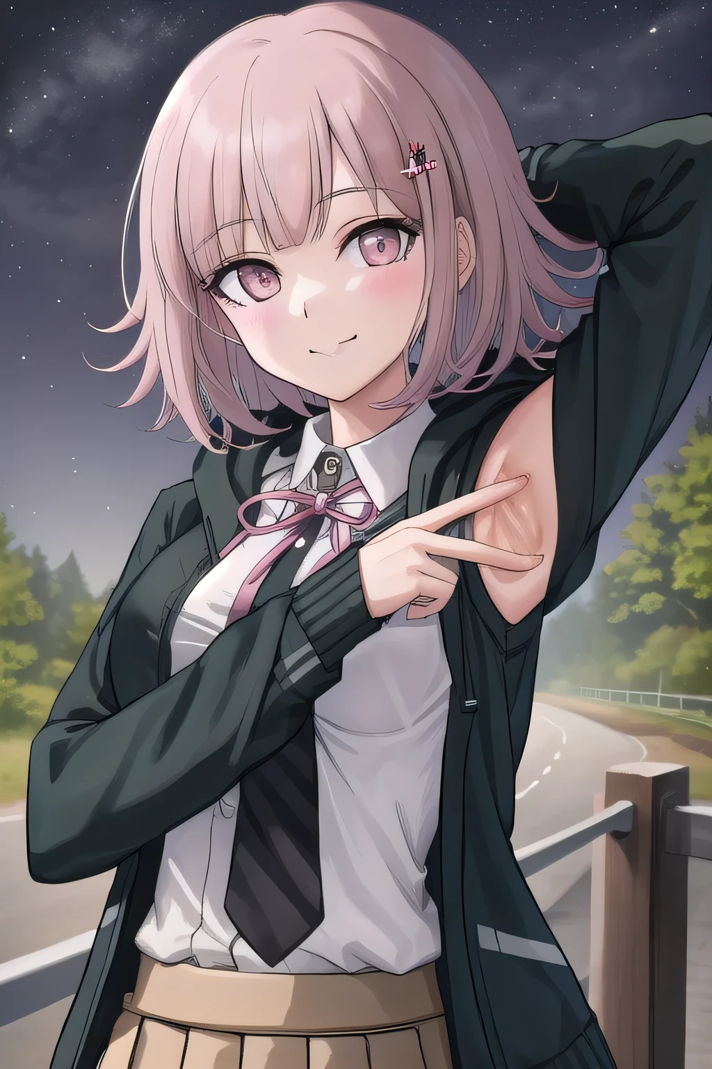1girl, solo, hair ornament, shirt, jacket, ribbon, skirt, dress shirt, pink ribbon, open clothes, pleated skirt, white shirt, neck ribbon, collared shirt, hood, open jacket, looking at viewer, black jacket, long sleeves, shirt tucked in, brown skirt, hairclip, solo, night sky, forest, arms behind head, contrapposto, spread armpits, closed mouth, smile, upper body, two-tone shirt, hooded jacket, breasts, medium hair,
