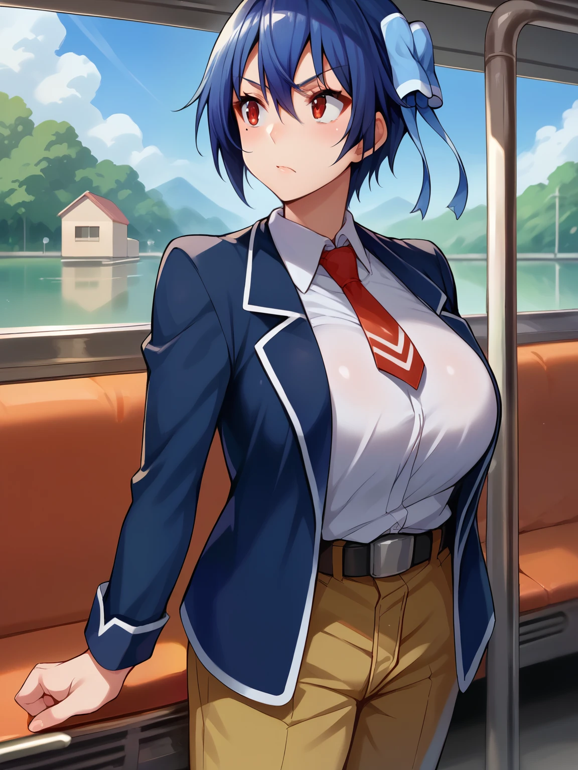 score_9, score_8_wonderful, score_7_wonderful, score_6_wonderful, sauce_anime, 1 girl, solo BREAK tsugumi seishirou, mole under eye, blue hair, short hair, hair ribbon, blue jacket, white shirt, collared shirt, red tie, belt, Brown pants, blue sky,train,big breasts,big breasts,headback, 「show off breasts」