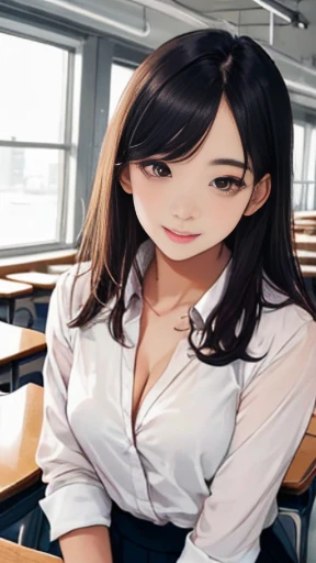  Bang Eun Jung, dress, small cleavage, school, classroom, ultra-detailed, realistic colors, beautiful detailed eyes, beautiful detailed lips, long eyelashes, expressive face, adorable smile, adorable appearance, 4k resolution, studio lighting, (high angle shot: 1.2)