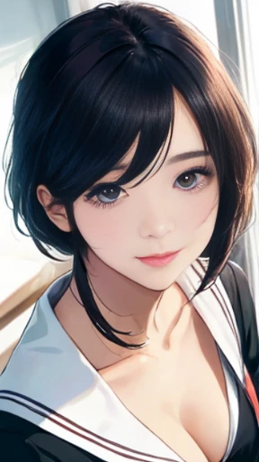 Bang Eun Jung, dress, small cleavage, school, classroom, ultra-detailed, realistic colors, beautiful detailed eyes, beautiful detailed lips, long eyelashes, expressive face, adorable smile, adorable appearance, 4k resolution, studio lighting, (high angle shot: 1.2)