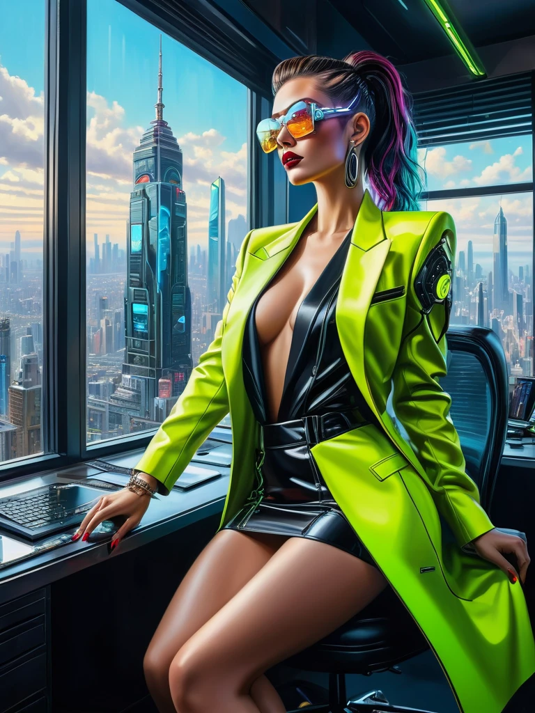 Masterpiece photorealistic oil on canvas painting of a greedy, lean and mean bussiness woman, stylish fashion outfit, at her cyberpunk lavish office, big clear transparent windows, neon, insanely detailed and intricate city view from the windows