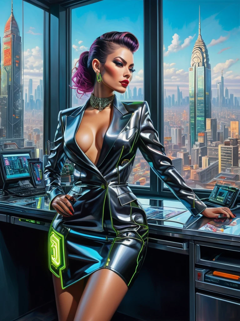 Masterpiece photorealistic oil on canvas painting of a greedy, lean and mean bussiness woman, stylish fashion outfit, at her cyberpunk lavish office, big clear transparent windows, neon, insanely detailed and intricate city view from the windows